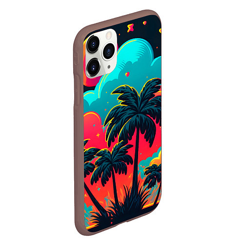 Чехол iPhone 11 Pro матовый Неоновые пальмы на закате / 3D-Коричневый – фото 2
