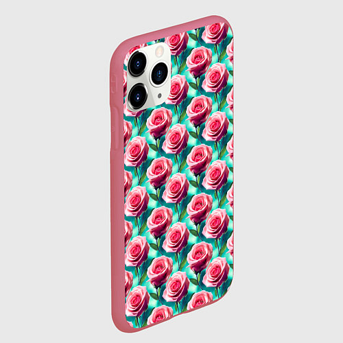 Чехол iPhone 11 Pro матовый Узор из розовых роз / 3D-Малиновый – фото 2