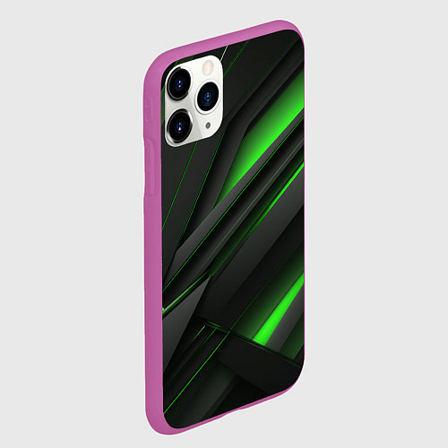 Чехол iPhone 11 Pro матовый Черно-зеленые объемные полосы / 3D-Фиолетовый – фото 2