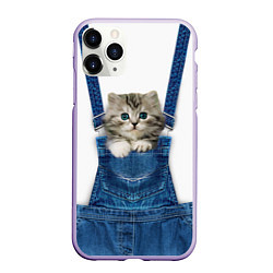 Чехол iPhone 11 Pro матовый Котенок в кармане комбинезона, цвет: 3D-светло-сиреневый