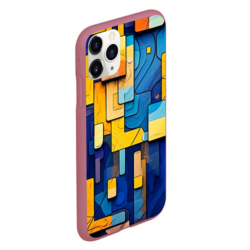 Чехол iPhone 11 Pro матовый Синие и жёлтые фигуры / 3D-Малиновый – фото 2