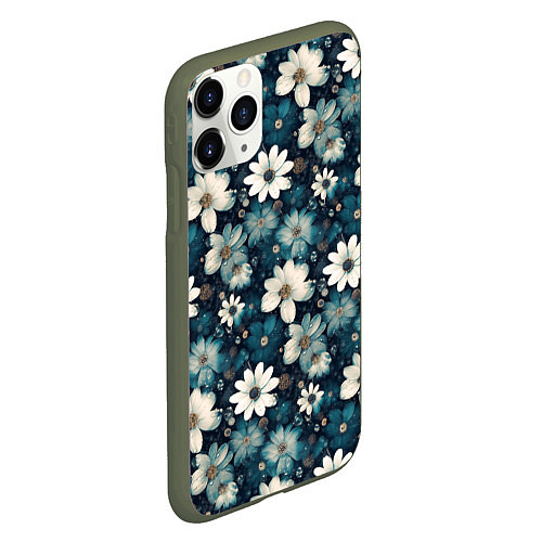 Чехол iPhone 11 Pro матовый Узор из весенних цветочков / 3D-Темно-зеленый – фото 2