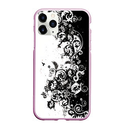 Чехол iPhone 11 Pro матовый Черно-белая птица среди узорчатых цветов, цвет: 3D-розовый