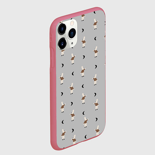 Чехол iPhone 11 Pro матовый Зайка и луна - паттерн серый / 3D-Малиновый – фото 2