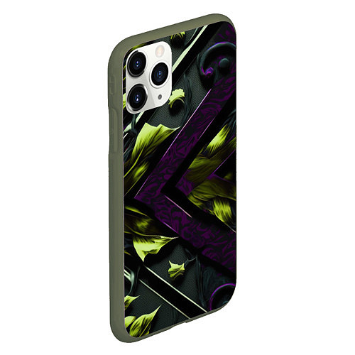 Чехол iPhone 11 Pro матовый Зеленые листья и фиолетовые вставки / 3D-Темно-зеленый – фото 2