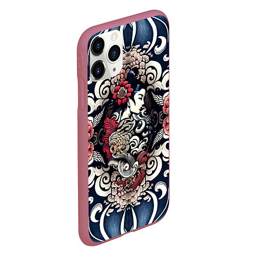 Чехол iPhone 11 Pro матовый Irezumi style: девушка и синие узоры / 3D-Малиновый – фото 2