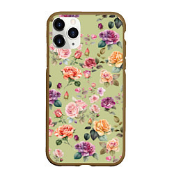 Чехол iPhone 11 Pro матовый Акварельные цветы - паттерн зеленый, цвет: 3D-коричневый