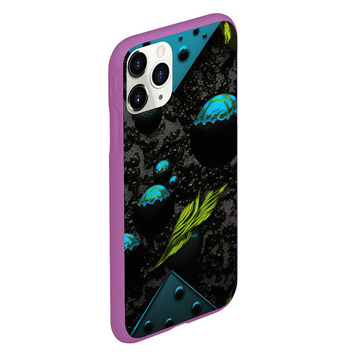 Чехол iPhone 11 Pro матовый Зеленые абстрактные листья / 3D-Фиолетовый – фото 2