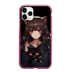 Чехол iPhone 11 Pro матовый Девушка с черной кошкой, цвет: 3D-малиновый