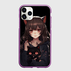 Чехол iPhone 11 Pro матовый Девушка с черной кошкой, цвет: 3D-фиолетовый