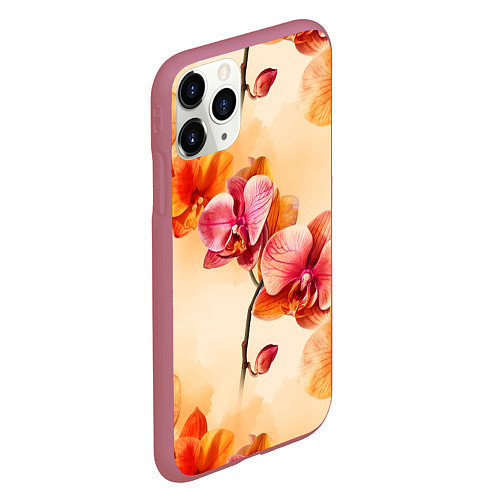 Чехол iPhone 11 Pro матовый Акварельные цветы - персиковый паттерн / 3D-Малиновый – фото 2