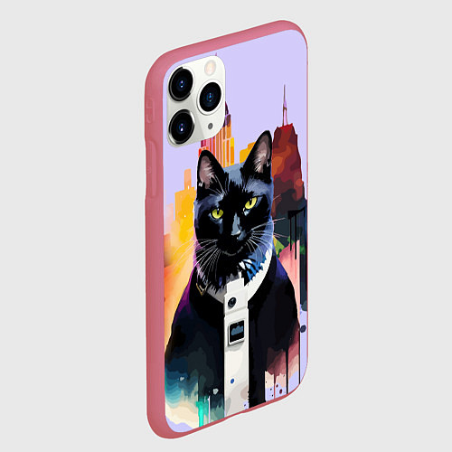 Чехол iPhone 11 Pro матовый Чёрный котяра в Нью-Йорке / 3D-Малиновый – фото 2