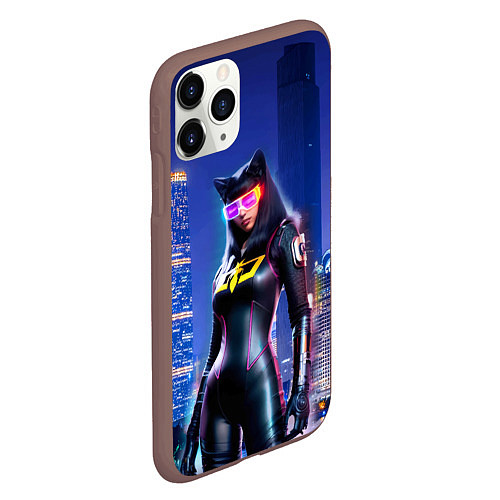 Чехол iPhone 11 Pro матовый Cat girl on the background of a megalopolis / 3D-Коричневый – фото 2