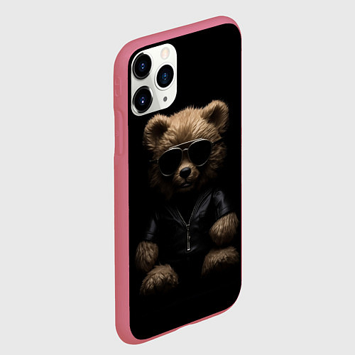Чехол iPhone 11 Pro матовый Брутальный плюшевый медведь / 3D-Малиновый – фото 2