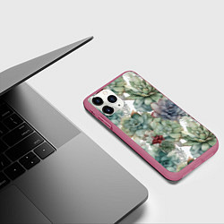 Чехол iPhone 11 Pro матовый Акварельные суккуленты - паттерн, цвет: 3D-малиновый — фото 2