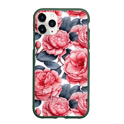 Чехол iPhone 11 Pro матовый Цветы и бутоны розы - паттерн, цвет: 3D-темно-зеленый