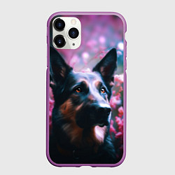 Чехол iPhone 11 Pro матовый Овчарка в розовых цветах, цвет: 3D-фиолетовый