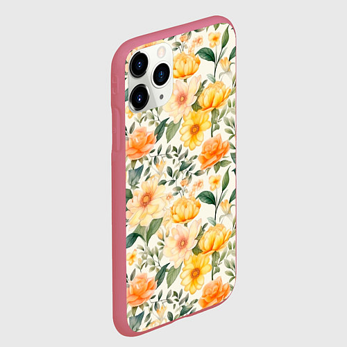 Чехол iPhone 11 Pro матовый Желтые и розовые хризантемы и пионы на светлом фон / 3D-Малиновый – фото 2