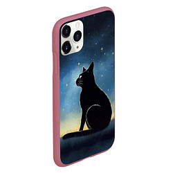 Чехол iPhone 11 Pro матовый Черный кот и звезды - акварель, цвет: 3D-малиновый — фото 2