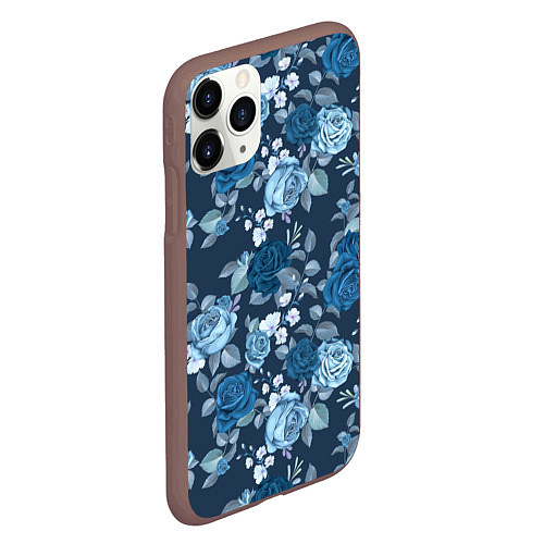Чехол iPhone 11 Pro матовый Голубые розы паттерн / 3D-Коричневый – фото 2