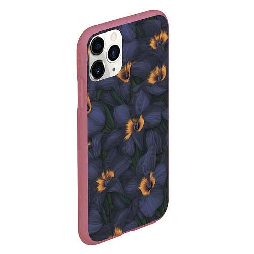 Чехол iPhone 11 Pro матовый Темно-синие цветы / 3D-Малиновый – фото 2