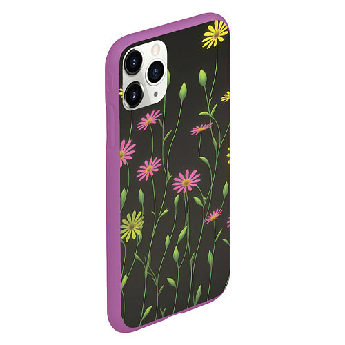 Чехол iPhone 11 Pro матовый Полевые цветочки на темном фоне / 3D-Фиолетовый – фото 2