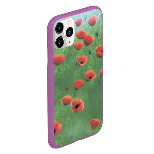Чехол iPhone 11 Pro матовый Красные маки в поле / 3D-Фиолетовый – фото 2