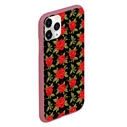 Чехол iPhone 11 Pro матовый Красные розы паттерн, цвет: 3D-малиновый — фото 2