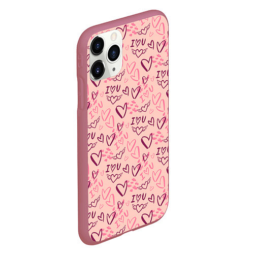 Чехол iPhone 11 Pro матовый I love you паттерн / 3D-Малиновый – фото 2