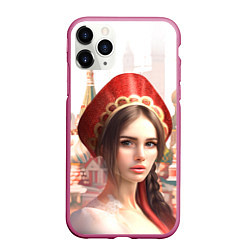 Чехол iPhone 11 Pro матовый Девушка в кокошнике с косой - кремль, цвет: 3D-малиновый