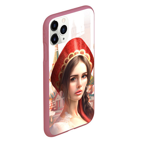 Чехол iPhone 11 Pro матовый Девушка в кокошнике с косой - кремль / 3D-Малиновый – фото 2