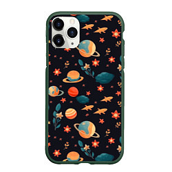 Чехол iPhone 11 Pro матовый Космос, звезды и цветы, цвет: 3D-темно-зеленый
