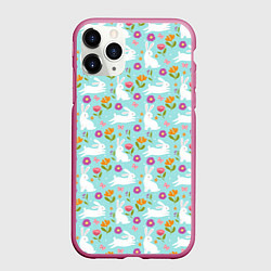 Чехол iPhone 11 Pro матовый Зайцы паттерн, цвет: 3D-малиновый