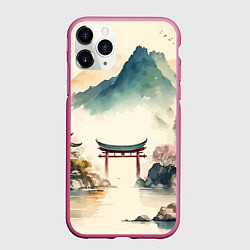 Чехол iPhone 11 Pro матовый Японский пейзаж - акварель, цвет: 3D-малиновый