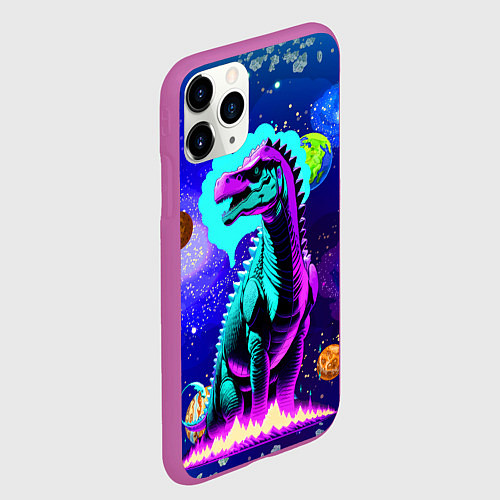 Чехол iPhone 11 Pro матовый Динозавр в космосе - неоновое свечение / 3D-Фиолетовый – фото 2