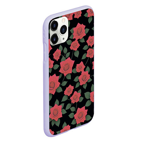 Чехол iPhone 11 Pro матовый Алые розы на черном / 3D-Светло-сиреневый – фото 2