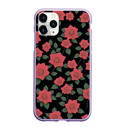 Чехол iPhone 11 Pro матовый Алые розы на черном, цвет: 3D-светло-сиреневый