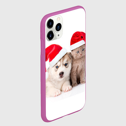 Чехол iPhone 11 Pro матовый Пёсик и котик в шапочках / 3D-Фиолетовый – фото 2