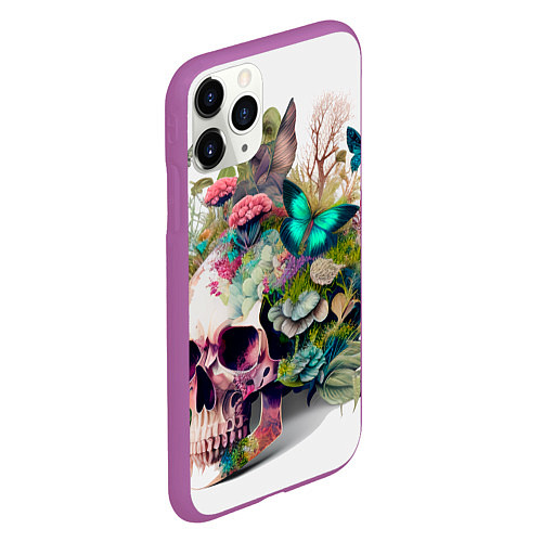 Чехол iPhone 11 Pro матовый Красивый череп с листьями и бабочками / 3D-Фиолетовый – фото 2