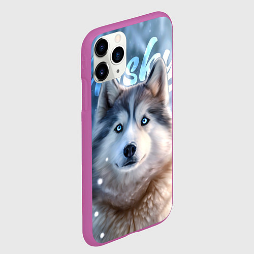 Чехол iPhone 11 Pro матовый Хаски с голубыми глазами в зимнем лесу / 3D-Фиолетовый – фото 2