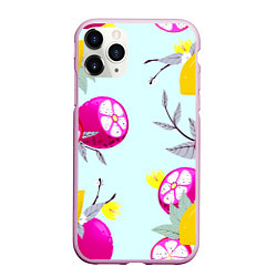 Чехол iPhone 11 Pro матовый Желтые и розовые фрукты с листиками, цвет: 3D-розовый