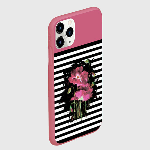 Чехол iPhone 11 Pro матовый Розовые акварельные маки на полосатом фоне / 3D-Малиновый – фото 2