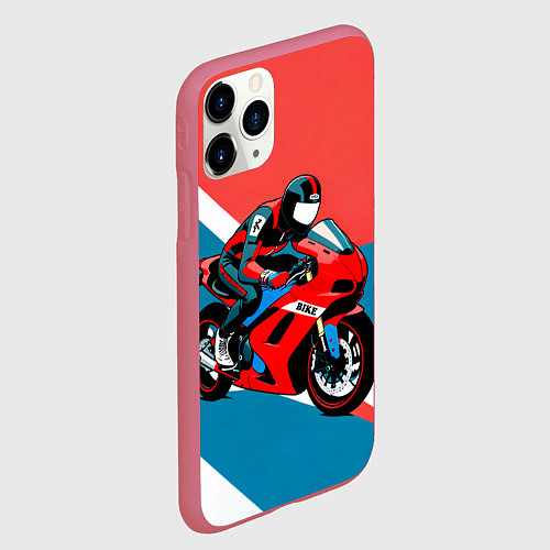 Чехол iPhone 11 Pro матовый Нарисованный мотоциклист / 3D-Малиновый – фото 2