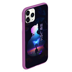 Чехол iPhone 11 Pro матовый Силуэт Шинобу Кочо на поле и светящаяся бабочка, цвет: 3D-фиолетовый — фото 2