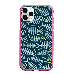 Чехол iPhone 11 Pro матовый Рыбы скелетоны, цвет: 3D-малиновый