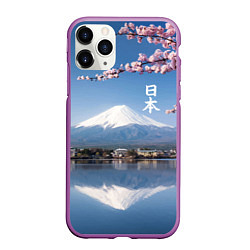 Чехол iPhone 11 Pro матовый Цветущая сакура на фоне Фудзиямы - Япония, цвет: 3D-фиолетовый