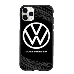 Чехол iPhone 11 Pro матовый Volkswagen speed на темном фоне со следами шин, цвет: 3D-черный