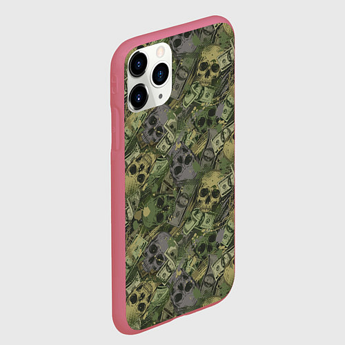 Чехол iPhone 11 Pro матовый Камуфляж с черепами и долларами / 3D-Малиновый – фото 2