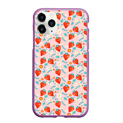 Чехол iPhone 11 Pro матовый Паттерн клубника и цветы, цвет: 3D-фиолетовый
