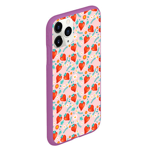 Чехол iPhone 11 Pro матовый Паттерн клубника и цветы / 3D-Фиолетовый – фото 2